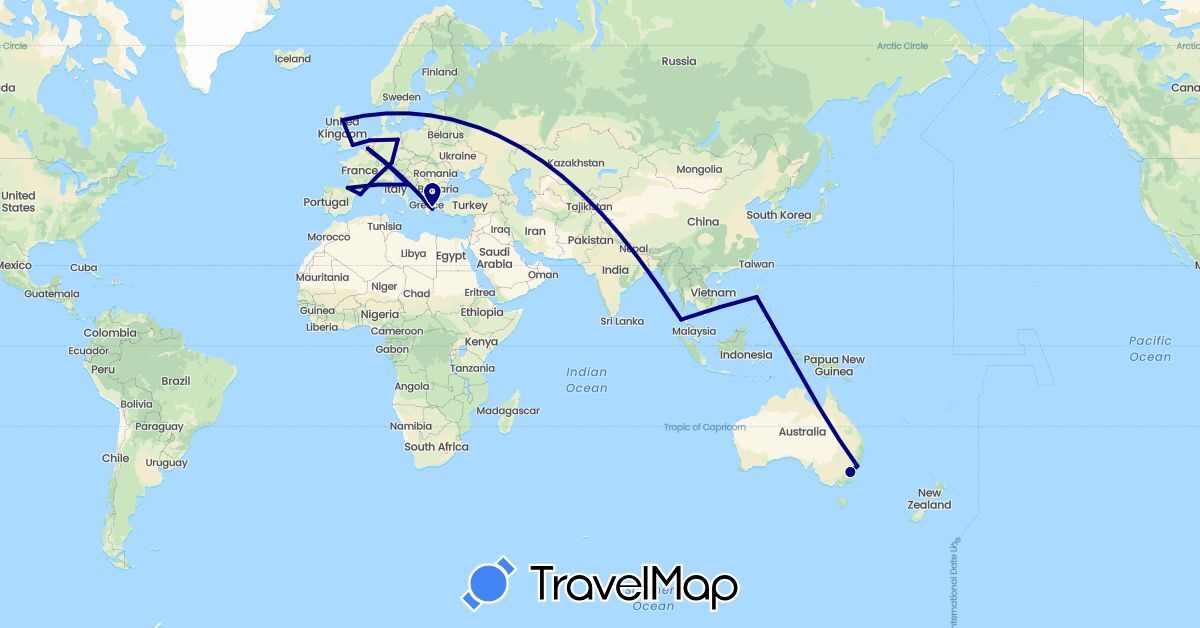 TravelMap itinerary: driving in Australia, Belgium, Germany, Spain, United Kingdom, Greece, Croatia, Netherlands, Philippines, Thailand (Asia, Europe, Oceania)